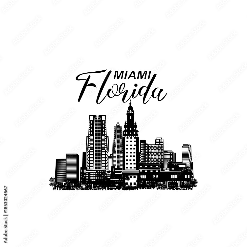 Obraz premium Minimal line art illustration of iconic Miami landmarks with palm trees and Art Deco style, capturing a modern tropical beach vibe. Ideal for t-shirts, posters, branding, and travel designs.