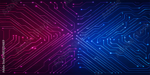 A high-tech digital design featuring a blue circuit board background with electronic motherboard hardware, microchip processors, and vector line patterns representing modern computer engineering