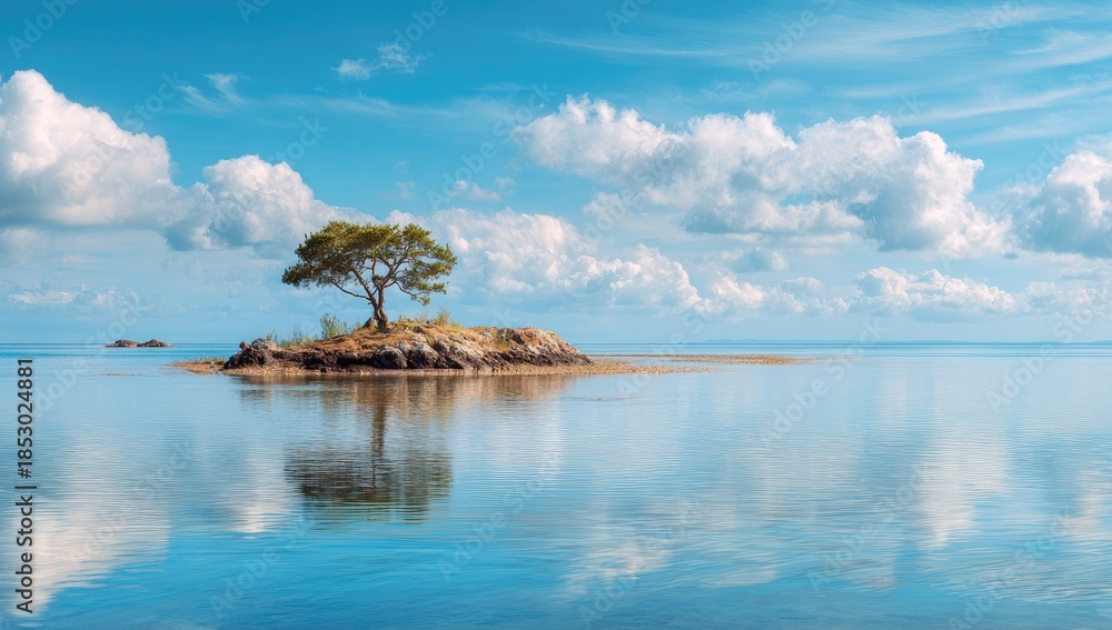 Fototapeta premium Serene island with a lone tree in calm blue water under a cloudy sky