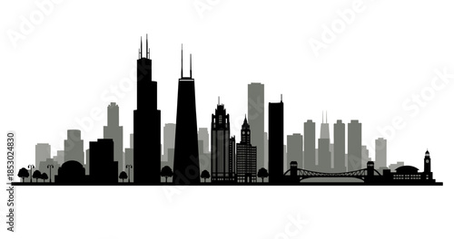 Chicago skyline silhouette featuring Willis Tower and Navy Pier