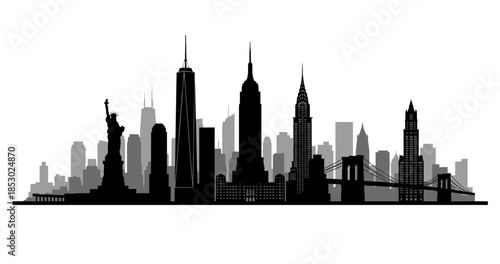 New York City skyline silhouette with famous landmarks