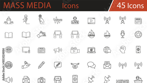 Comprehensive media and journalism icon set featuring news, broadcasting, live streaming, reporting, communication tools, and digital content creation for modern newsrooms, websites, and social 