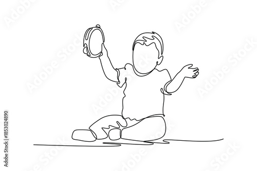 boy playing rattle toy. Children playing toys concept. Single line draw design. Vector graphic illustration