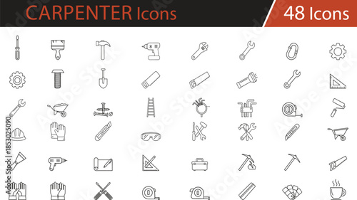 Construction tools icon set, black line style, hammer, wrench, drill, gear, safety equipment, DIY repair, engineering, vector illustration for maintenance, building, renovation, and design reference