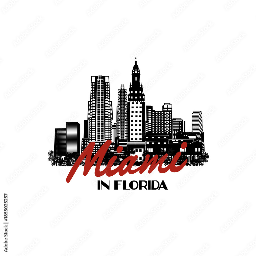 Fototapeta premium Minimal line art illustration of iconic Miami landmarks with palm trees and Art Deco style, capturing a modern tropical beach vibe. Ideal for t-shirts, posters, branding, and travel designs.