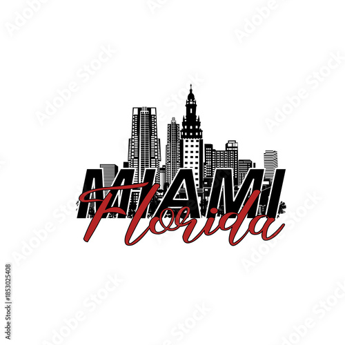 Minimal line art illustration of iconic Miami landmarks with palm trees and Art Deco style, capturing a modern tropical beach vibe. Ideal for t-shirts, posters, branding, and travel designs.