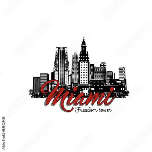 Minimal line art illustration of iconic Miami landmarks with palm trees and Art Deco style, capturing a modern tropical beach vibe. Ideal for t-shirts, posters, branding, and travel designs.
