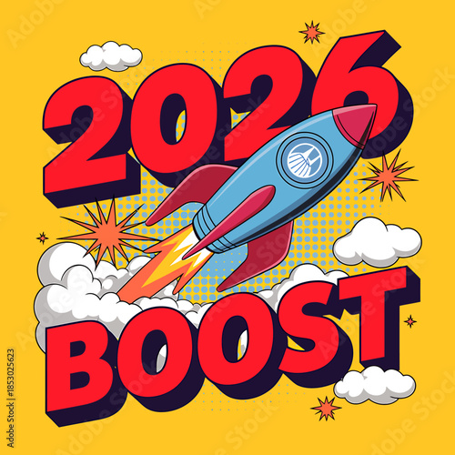 Rocket launching into new year 2026 with explosive energy boost