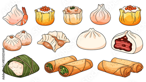 Collection of Asian Dumplings and Appetizers as Appetizing Food Icons