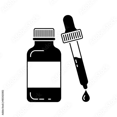 Illustration of dropper bottle with liquid medicine drop isolated