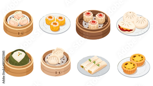 Assortment of Asian Dumplings and Pastries in Bamboo Steamer Baskets and Plates