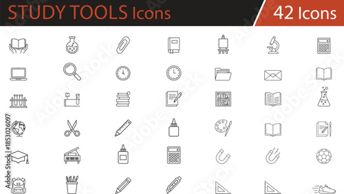 Educational vector icons set featuring school supplies, learning tools, science equipment, and classroom essentials, ideal for academic design, teaching materials, e-learning platforms