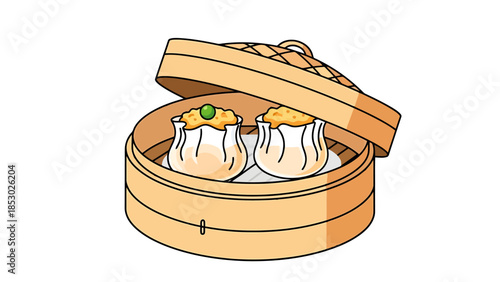 Steamed dumplings in a traditional bamboo steamer basket Chinese cuisine presentation