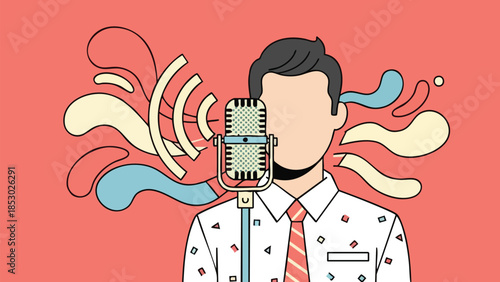 Stylized man in a shirt and tie speaking into a vintage microphone with abstract sound waves emanating from it against a plain pink background