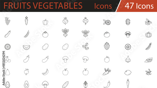 Fruits and vegetables icon set, black line style, healthy food, organic produce, nutrition, farming, grocery, vegan diet, vector illustration for culinary, agriculture, and educational design
