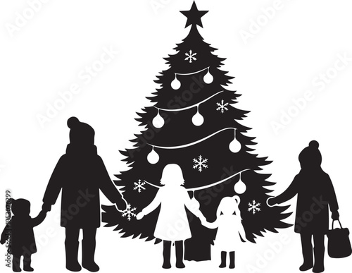 Family Holding Hands Around Christmas Tree Silhouette,
Happy Christmas Family Celebration Vector Illustration,
Christmas Family Togetherness Holiday Silhouette Design