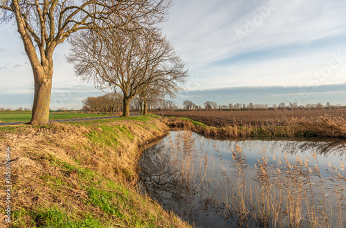 Trees with bare branches and yellowed reeds line the water. In the background is a freshly plowed field. The photo was taken on a cloudy day at the end of autumn in the Dutch province of North Brabant