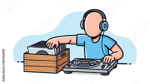A cartoon dj selecting vinyl records from a wooden crate to play on a turntable while wearing headphones
