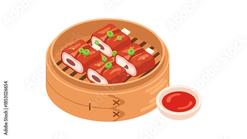 Steamed Ribs in Bamboo Steamer with Dipping Sauce