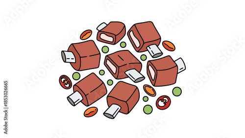 Cooked Meat Ribs with Peas and Spices Arrangement Hand Drawn Style