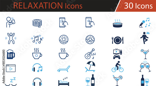 Lifestyle and leisure activities icon set featuring relaxation, music, food, drinks, travel, sleep, and entertainment for wellness apps, social media, marketing campaigns, and digital content on
