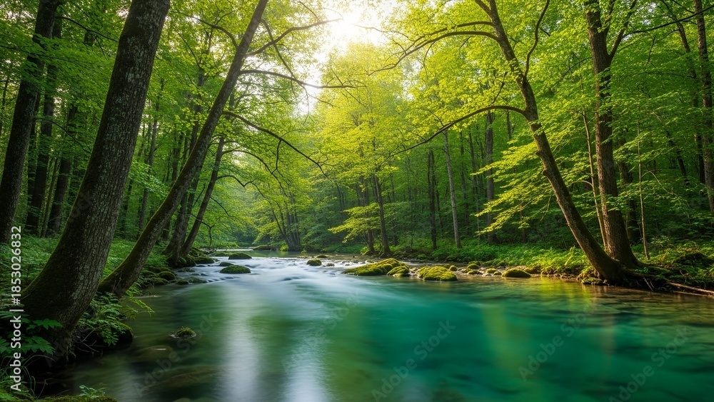 Obraz premium Lush green forest with a crystal-clear turquoise river illuminated by bright sunlight, showing tranquil nature.
