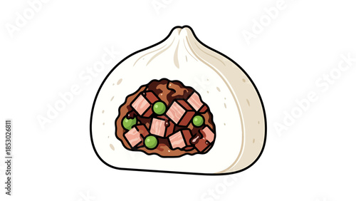 Steamed Savory Bun Filled with Meat and Peas Isolated Cartoon Image