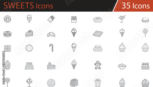 Outline vector icons of assorted desserts, sweets, and bakery treats including donuts, cupcakes, ice cream, cookies, pies, and chocolate, ideal for food design, packaging, menu, and decoratio