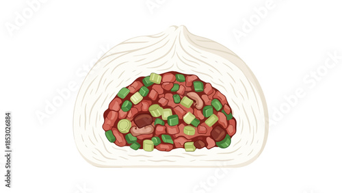 Steamed Dumpling Cross Section with Savory Filling of Minced Meat and Vegetables