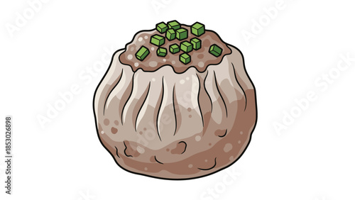 Hand Drawn Dumpling Food Art with Green Onion Topping Culinary Iconography