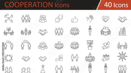 Professional business and teamwork icons set featuring collaboration, meetings, handshakes, networking, leadership, and communication concepts for corporate presentations, websites, and digit