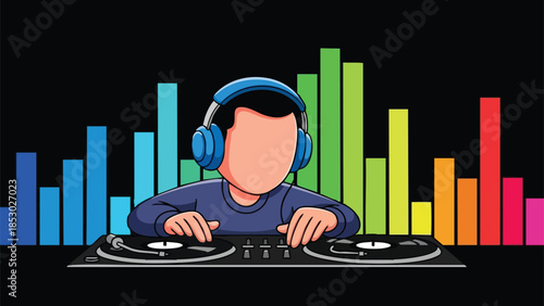 Animated DJ performing with headphones and turntables against a vibrant sound wave equalizer