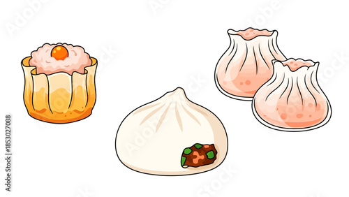 Assortment of Asian Dumplings and Steamed Buns Isolated on White Background