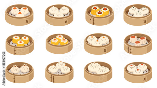 Assortment of Steamed Dumplings in Bamboo Baskets