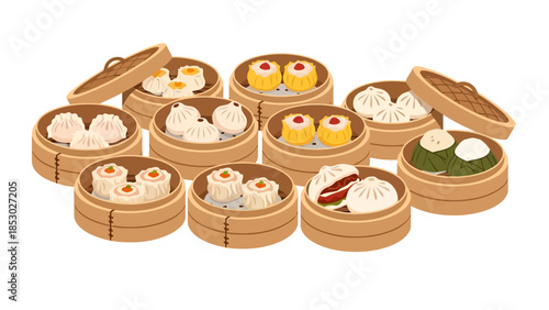 Assortment of Steamed Dumplings in Bamboo Baskets Asian Culinary Presentation