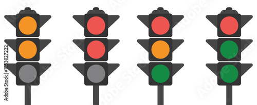 Traffic Light Signal Icon Set with Red, Yellow, and Green Status Lights, Flat Vector Illustration for Road Safety, Navigation, and UI Design