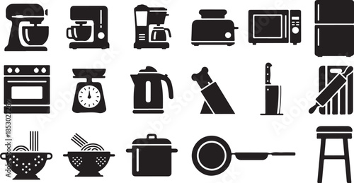 Kitchen appliances and tools icons in black
