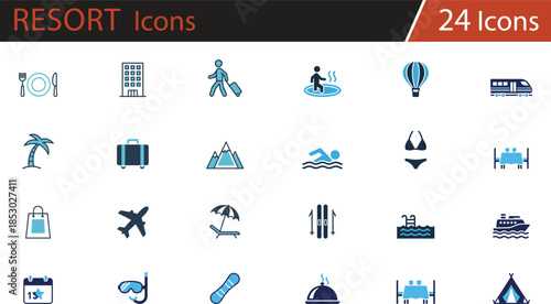 Travel and vacation icons set featuring destinations, transport, activities, accommodations, and leisure for tourism websites, travel agencies, itinerary planners, and digital marketing campaigns 