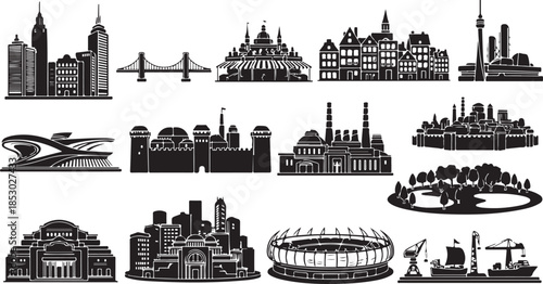 Black and white city skylines and landmarks illustrations