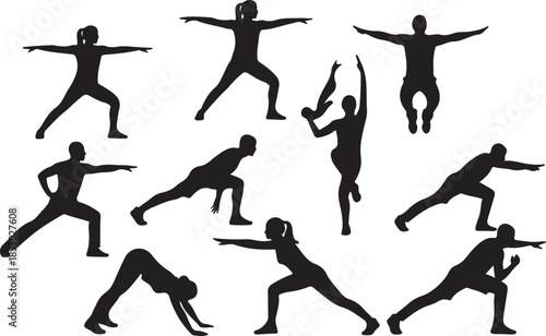 Diverse group of people performing various stretching and fitness exercises in silhouette