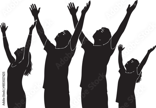 Four silhouetted figures reach upward, isolated on white background, their arms raised in a gesture of yearning or supplication vector file