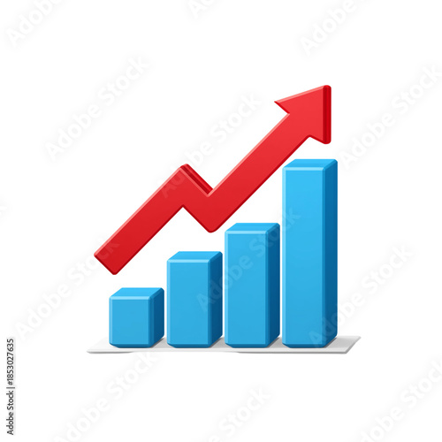 3D Bar Graph with Red Upward Arrow chart statistics isolated on a transparent background