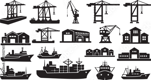 Industrial port with cranes and cargo ships docked