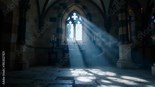 Serene interior of a stone chapel with sunlight streaming through stained glass windows, creating a tranquil atmosphere