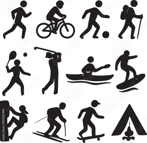 Various black silhouette icons illustrating people engaging in active outdoor sports and recreational pursuits