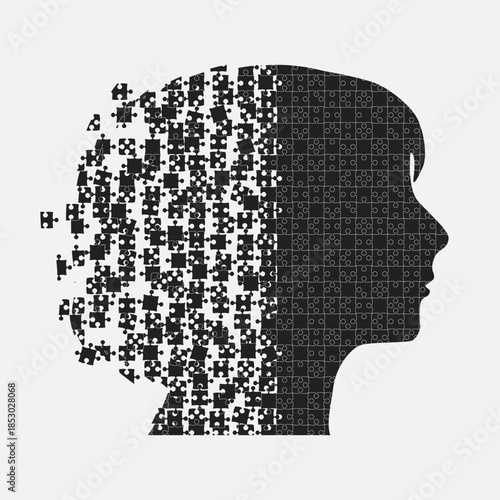 Female head from puzzle pieces, mental disorder
