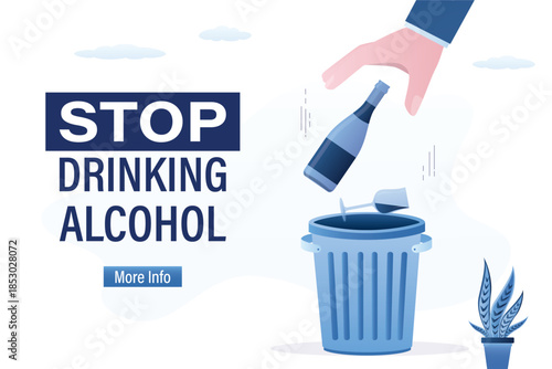 Fighting and stop with alcoholism. Addicted person struggling with alcohol addiction, abuse. Drinker throw wine bottle into trash can. Drunkard refusing from alcoholic drink