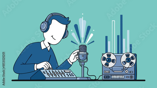 Creative audio producer with mixing board and reel to reel recorder creating podcast or broadcast content visually depicted with sound waves and bar