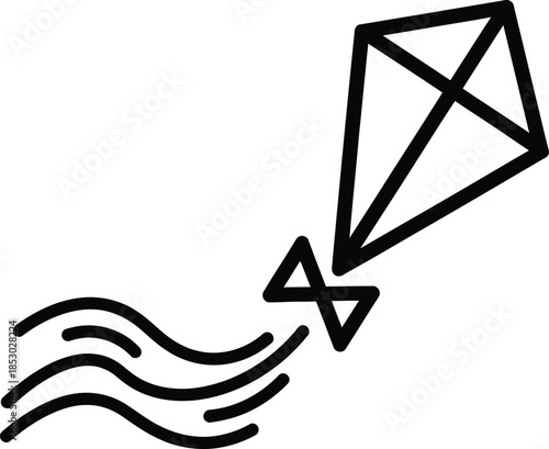 Black line drawing of a kite flying in the wind