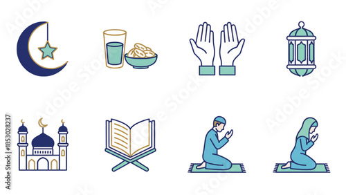 Ramadan Kareem Islamic icon set with mosque, lantern, prayer, Quran, and Iftar dates, vector illustration